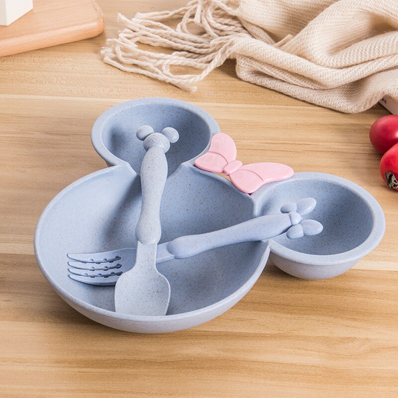 3 stk/sett baby tegneserie servise fat hvete bolle anti småroll barn middag mating mat tallerken barn trening bolle skje gaffel: Blått sett