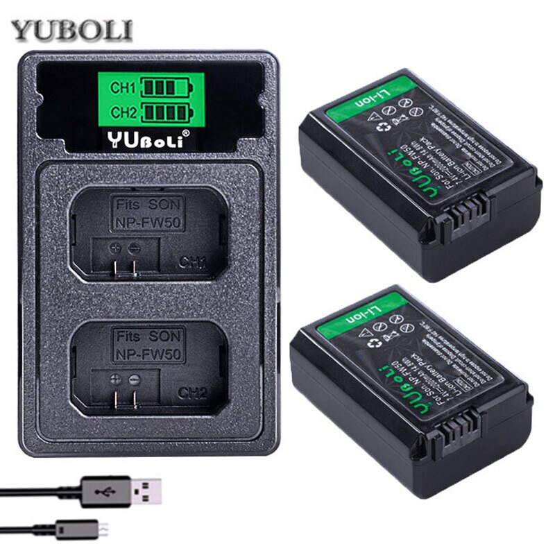 Yuboli 2000Mah NP-FW50 Np Fw50 Batterij Akku + Led Dual Usb Charger Voor Sony A37 Alpha 7 7R Ii 7S A7S A7R Ii A5000 NEX-7 DSC-RX10: charger and 2battery