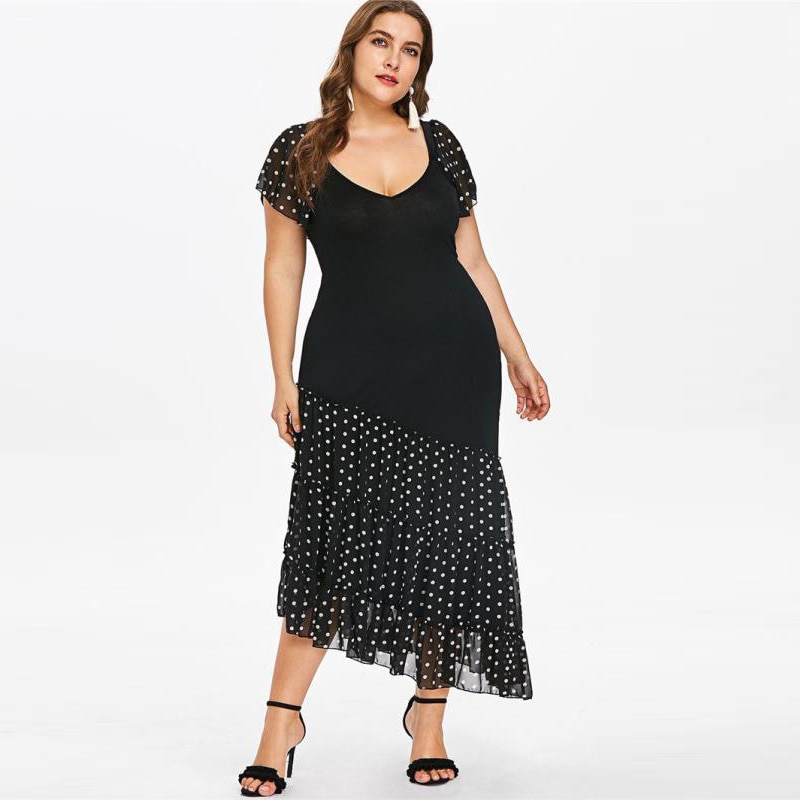 Women Summer Dress Plus Size Black V Neck Short Sleeve Polka Dot Print Patchwork Long Dress Maxi Boho Beach Dresses: 5XL