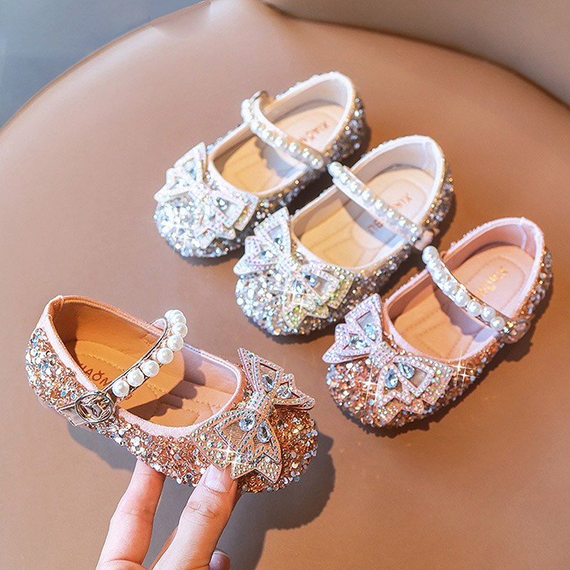 Girls Shoes Rhinestone Princess Shoes Bling Wedding Shoes For Girls Pearls Mary Janes Glitter Dance Baby Kids Flats Child