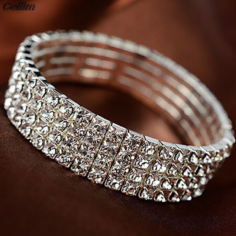 1 To 8 Rows Full Crystal Rhinestone Elastic Bracelet Silver Color Bangle Bling Wristband Women Wedding Bridal Jewelry