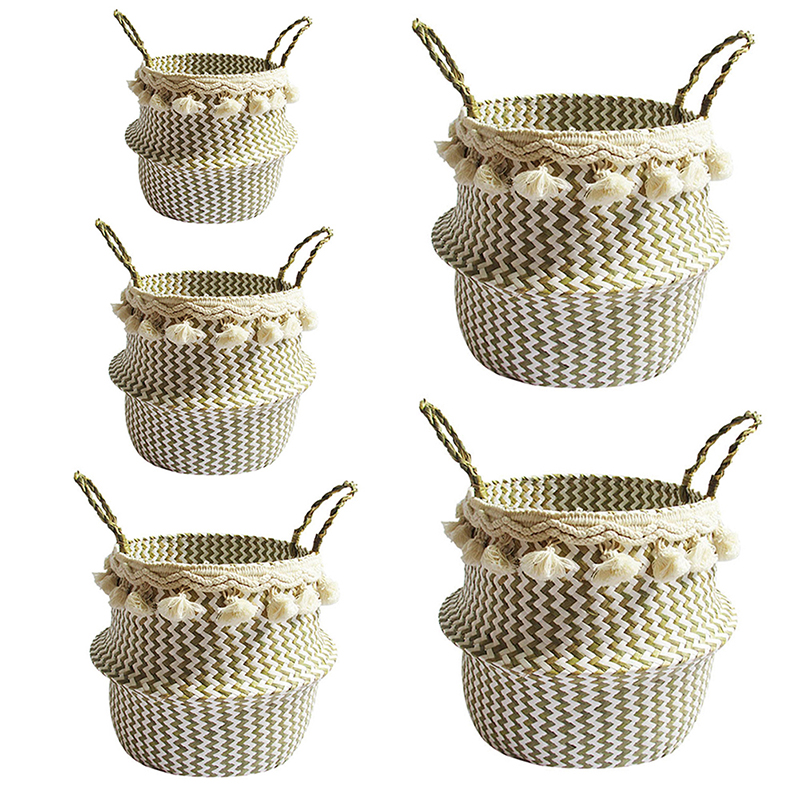 Cesta grande de mimbre plegable para almacenamiento de ropa, cestas decorativas con pompones, macetas de flores, organizador del hogar