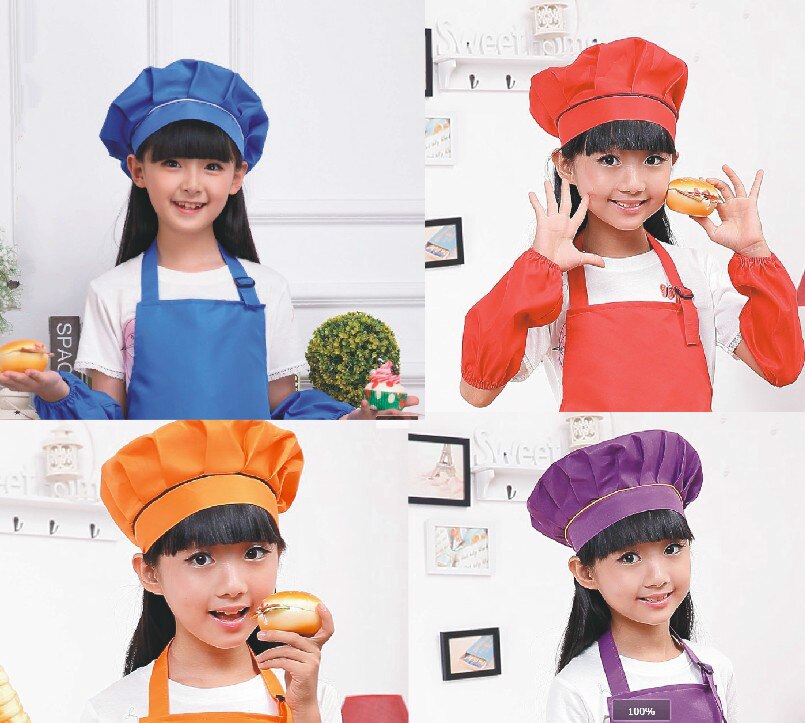 Kid Chef Hat Children's Baking Hat Cute Girls Boys Food Service Kitchen Work Caps Solid Pleated Top Painting Hats