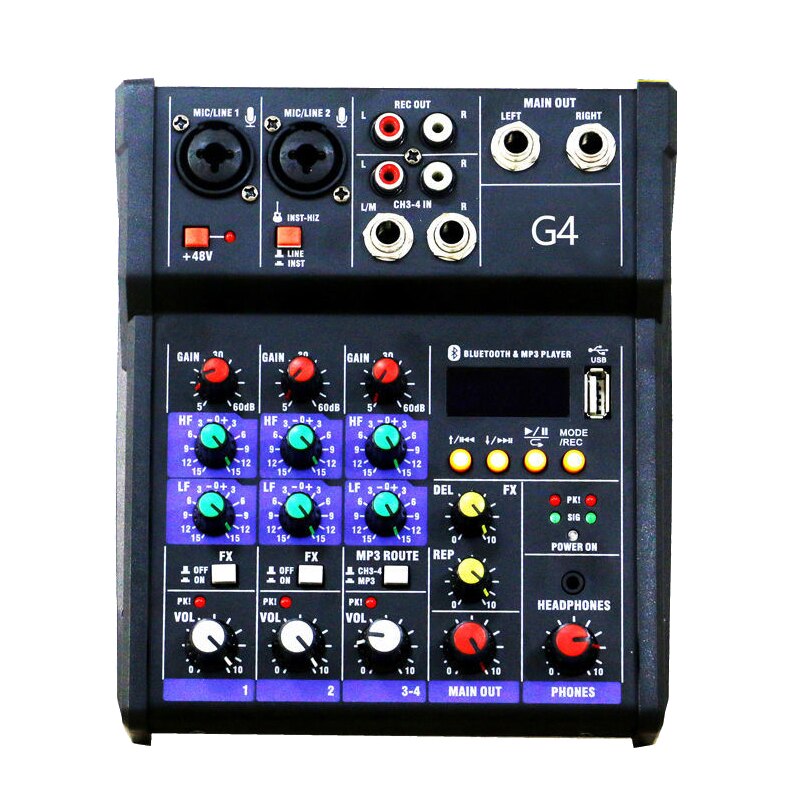 Sound Mixing Console Bluetooth USB Record Computer Playback 48V Phantom Power Delay Repaeat Effect 4 Channels USB Audio Mixer