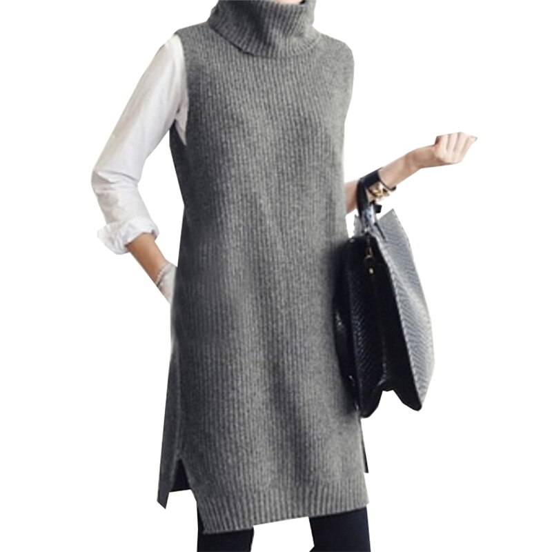 Frseucag høj cashmere højhalset strik ærmeløs vest lang alsidig frakke vest pullover til kvinder