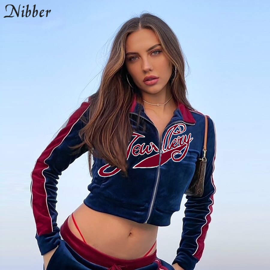 Nibber-chándal de terciopelo con cremallera para mujer, chaqueta + Pantalones, 2 conjuntos de dos piezas, para Fitness, ropa informal de calle
