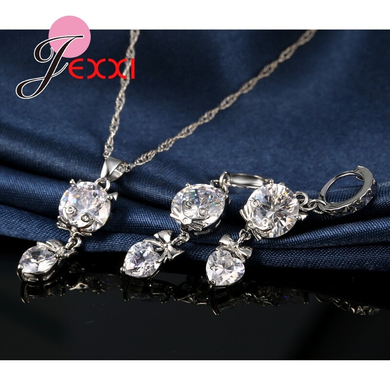 Mignon dessin animé chat CZ cristal collier pendentif goutte boucles d'oreilles à la 925 en argent Sterling amour coeur femmes bijoux ensembles
