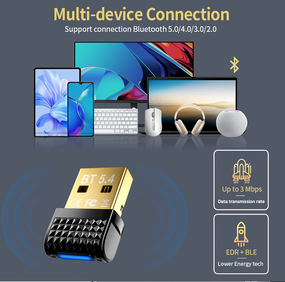 Adattatore USB Bluetooth 5.4 Dongle Bluetooth 5.3 Ricevitore e trasmettitore Bluetooth per tastiera/mouse/auricolare/altoparlante Bluetooth