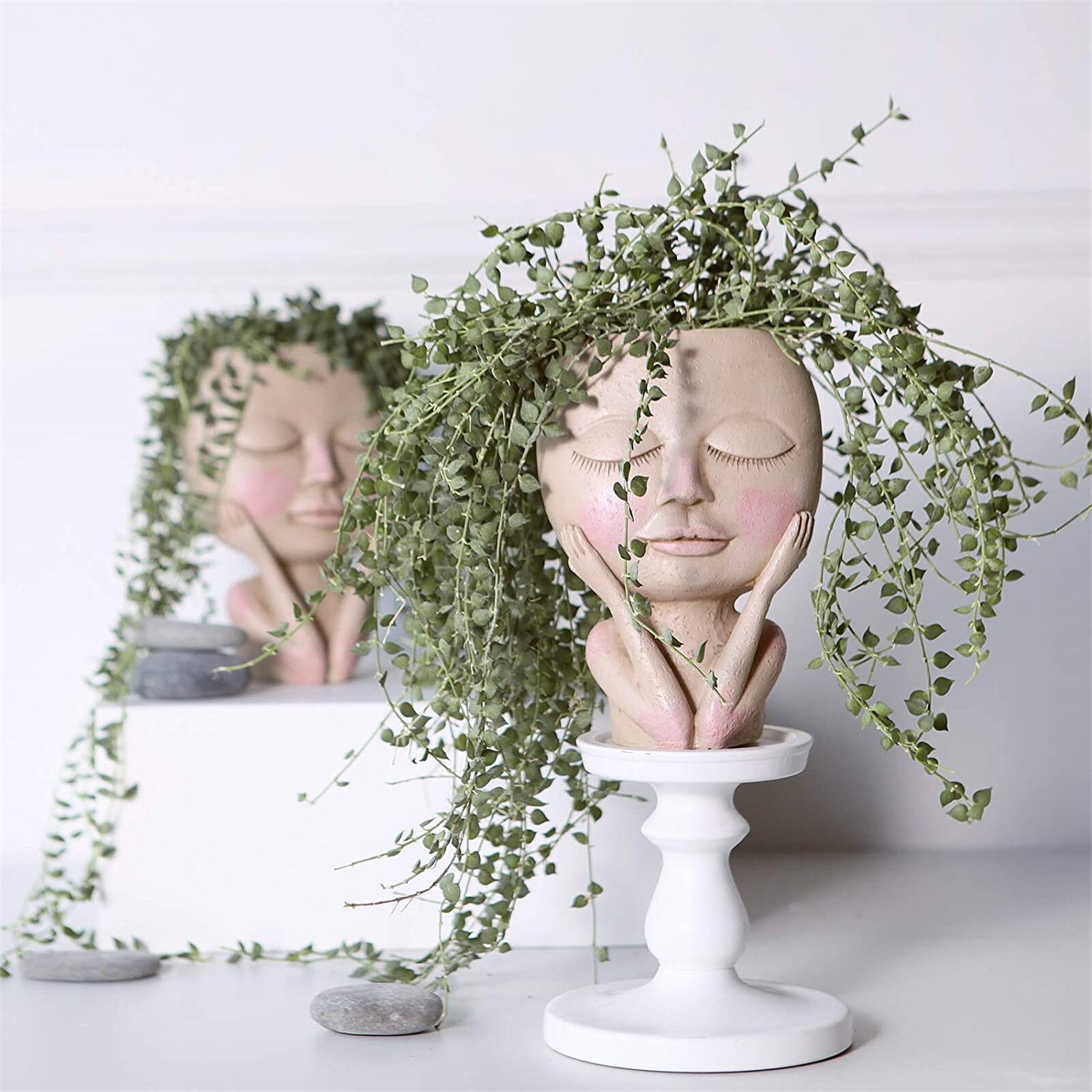 Piger ansigt hoved blomsterplanter sukkulent plante blomsterbeholder potte urtepotte figur havedekoration nordisk bordplade ornament