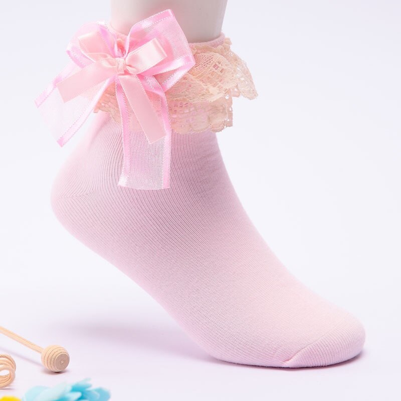 Bomuldsdans sokker forår efterår børn blonder blonder solide kid piger sokker blomster ballet anti slip sport åndbar sok 5-12y: Lyserød / M
