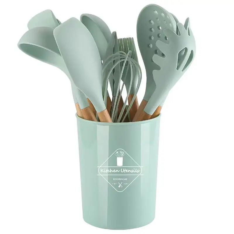 12 peças kit de cozinha de silicone utensílios de qualidade alimentar conjuntos de cozinha turner espátula colher de medição prático panelas ferramenta kitchenwa: Cáqui escuro