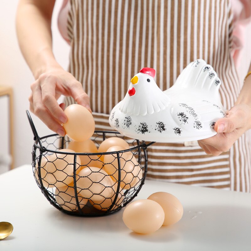 Cesta de cerámica con soporte para huevos, cesta de cerámica para colección de huevos, pollo, alambre y fruta, decoración de cocina, almacenamiento, 19cm x 22cm