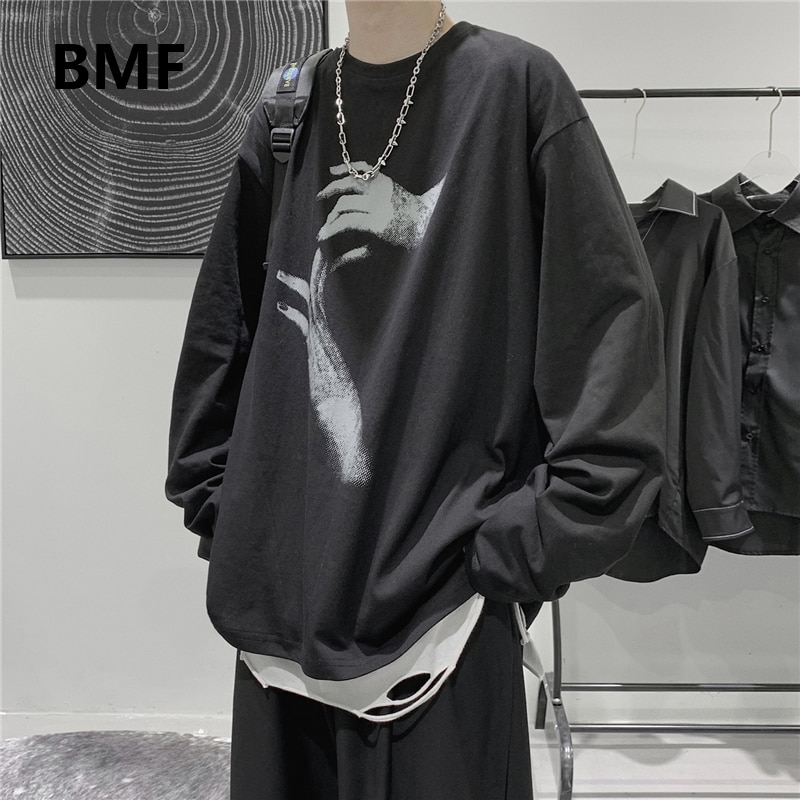 T-shirt ample à manches longues pour homme, style ulzzang, style hip-hop, surdimensionné, style coréen