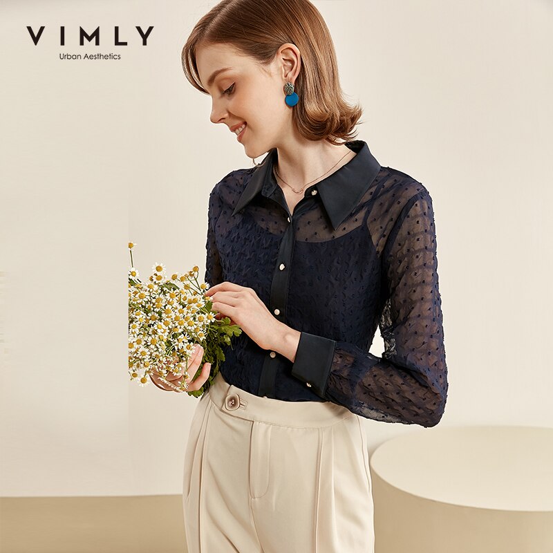 Vimly Herbst Frauen Hemden Büro Dame Drehen Unten Kragen Einreiher Chiffon Bluse Jahrgang Blusas Feminina F2108