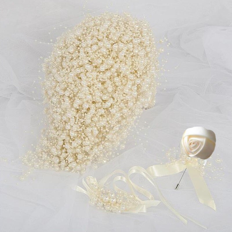 SexeMara Wedding Bouquet Handmade Waterfull Bride Bouquet Wedding Flower Bridal Bouquet Full Pearls Ivory&amp;white Bouquet: 02