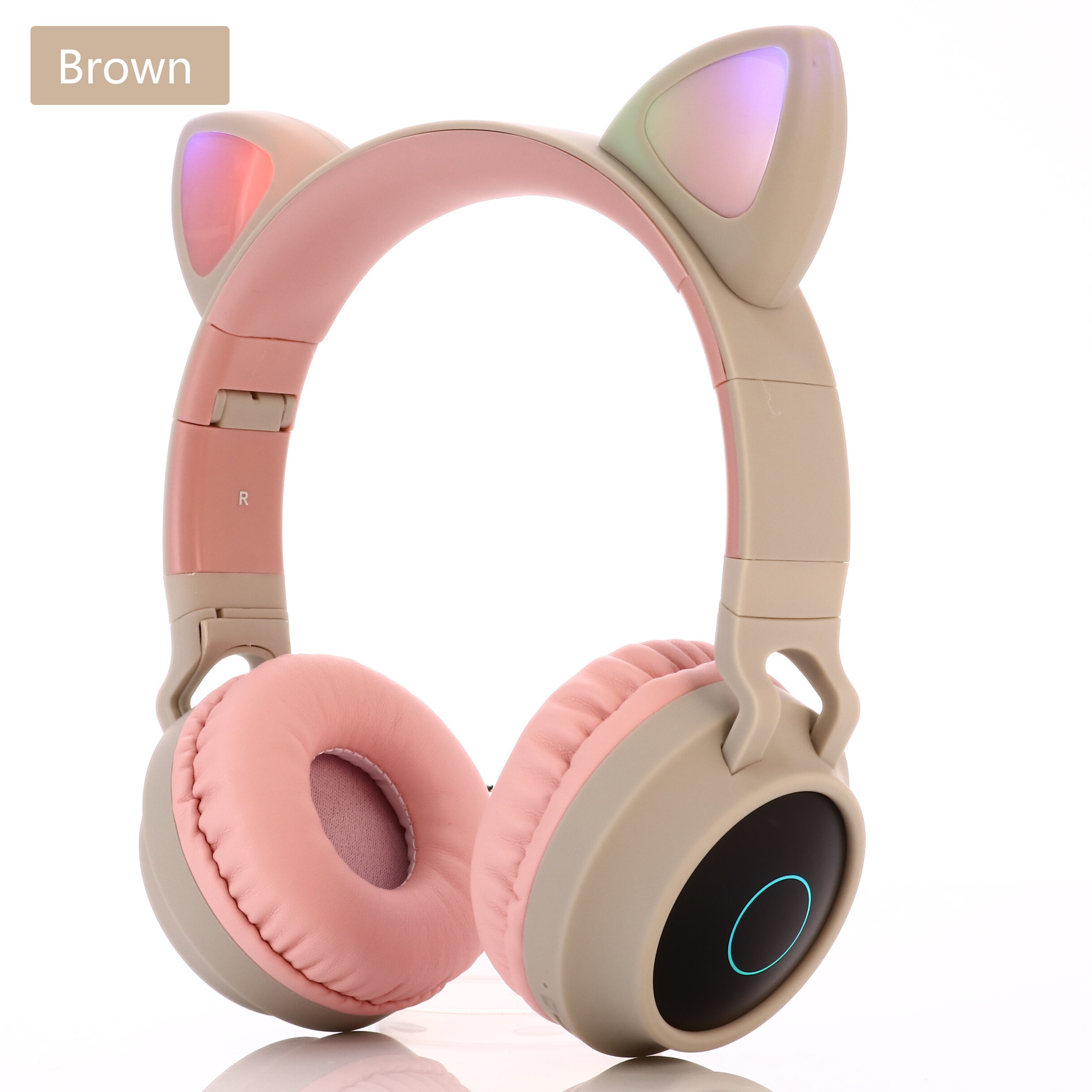 Bluetooth Sans Fil Chat Oreilles Casque Avec Micro, Enfant Mignon Fille Stéréo Musique Casque Pliable CASQUE LED: Headset028 Brown