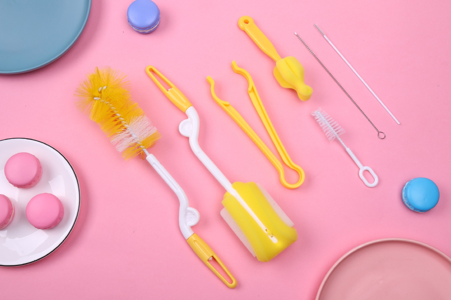 Éponge de nettoyage de pour bébé, brosse spéciale pour biberons, avec poignée, ustensiles de nettoyage, en verre, 7 pièces: yellow