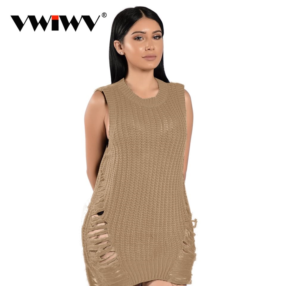 Europese Stijl Gebreide Womens Hollow Out Dress O hals Mouwloos Winter Vestidos Casual Solid Trui Tank Jurk