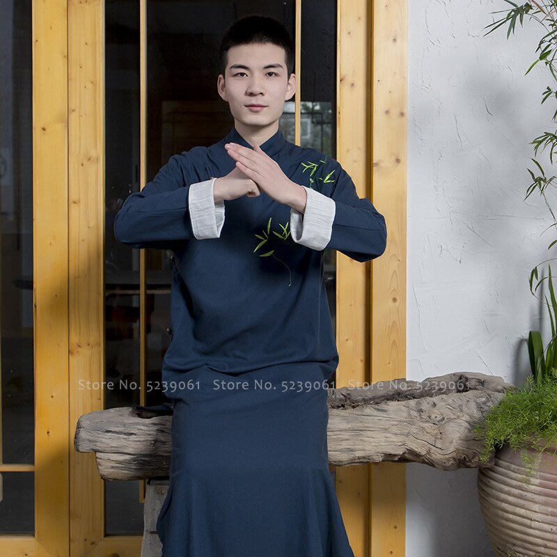Qipao tradicional de estilo chino para hombre, Túnica suelta, ropa Oriental, camiseta de Kung Fu, traje Tang, trajes de vestido largo Hanfu