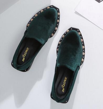 Märke metall rose nitar sammet skor kvinna svart/grön tjock klack pumps höst vinter med höga klackar mulor skor  c178: Grön / 6