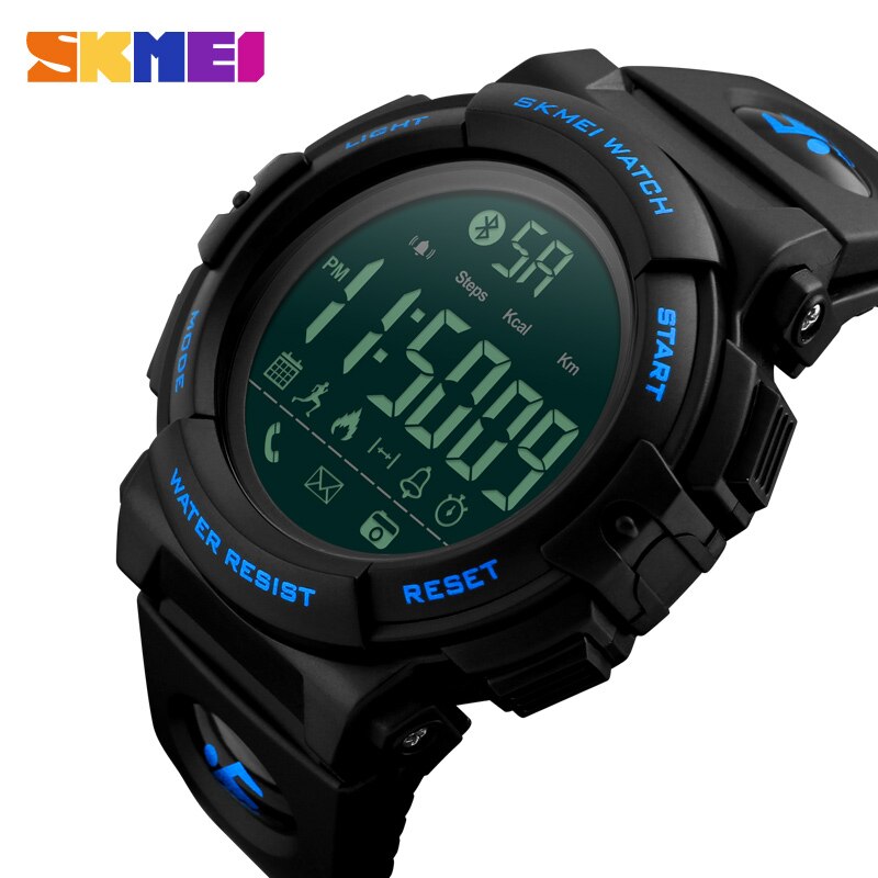 SKMEI Smart Sport Horloges Heren Digitale Horloges Remote Camera Call Herinnering Bluetooth Smartwatches Voor iPhone Android: Blue