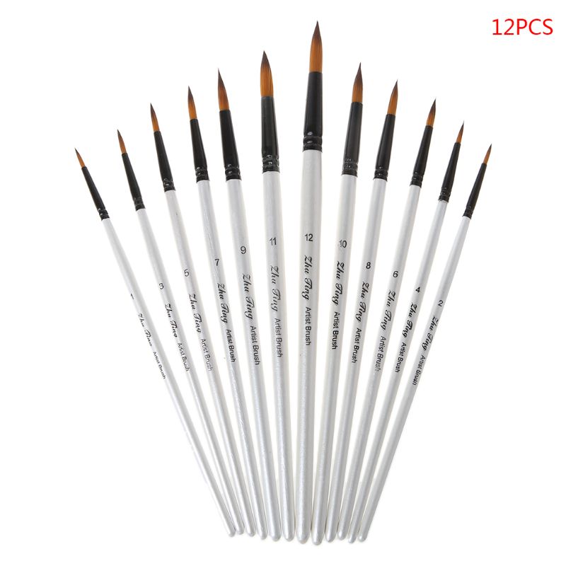 Juego de pinceles y brochas de artista, 12 Uds., cerdas de nailon, acuarela, pintura al óleo de acrílico, inclinada, punta redonda plana, accesorio de arte: Pointed Tip