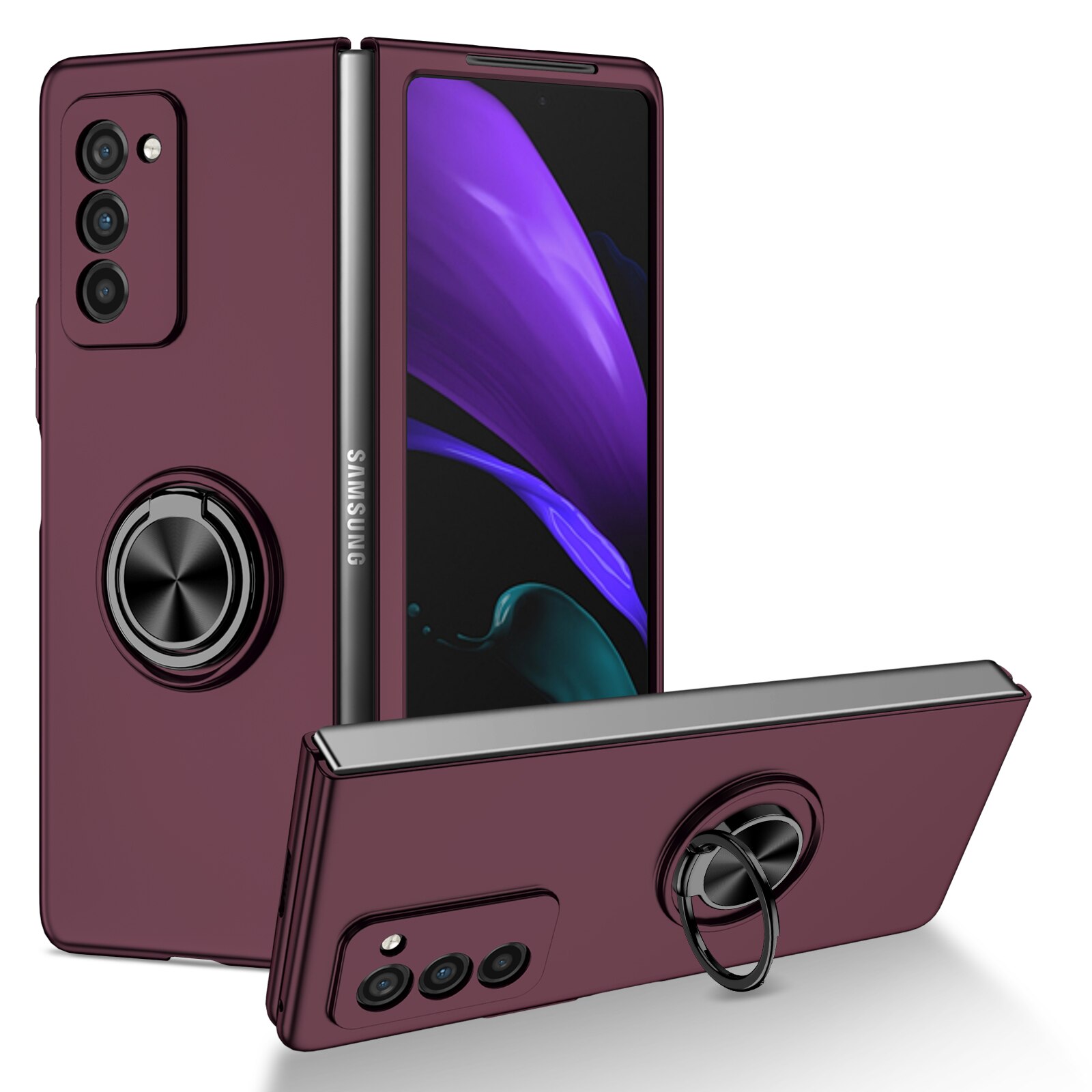 Odporny na wstrząsy metalowy pierścień Kickstand Case do Samsung Galaxy Z Fold 2 Fold2 5G Fold 3 Fold3 antypoślizgowa precyzyjna wycinanka pokrywa Capa: for Samsung Z Fold 2 / Wino czerwone