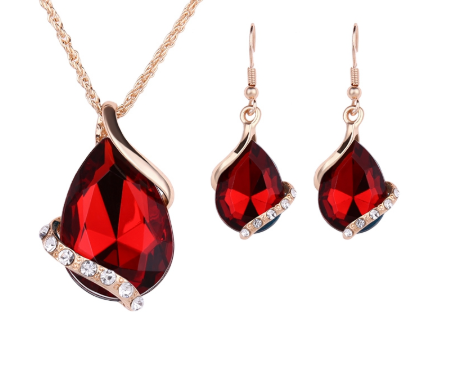 Yunkingdom Charms Wedding Necklaces&Earrings Geometric Crystal Rhinestones Jewelry Sets For Women: red