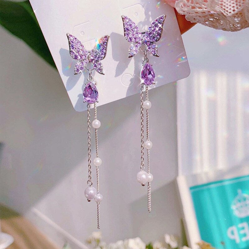Boucles d'oreilles papillon en cristal violet pour femmes, Imitation perle, chaîne avec pampilles en strass, bijoux , nouvelle coréenne: ER20Y0205-1