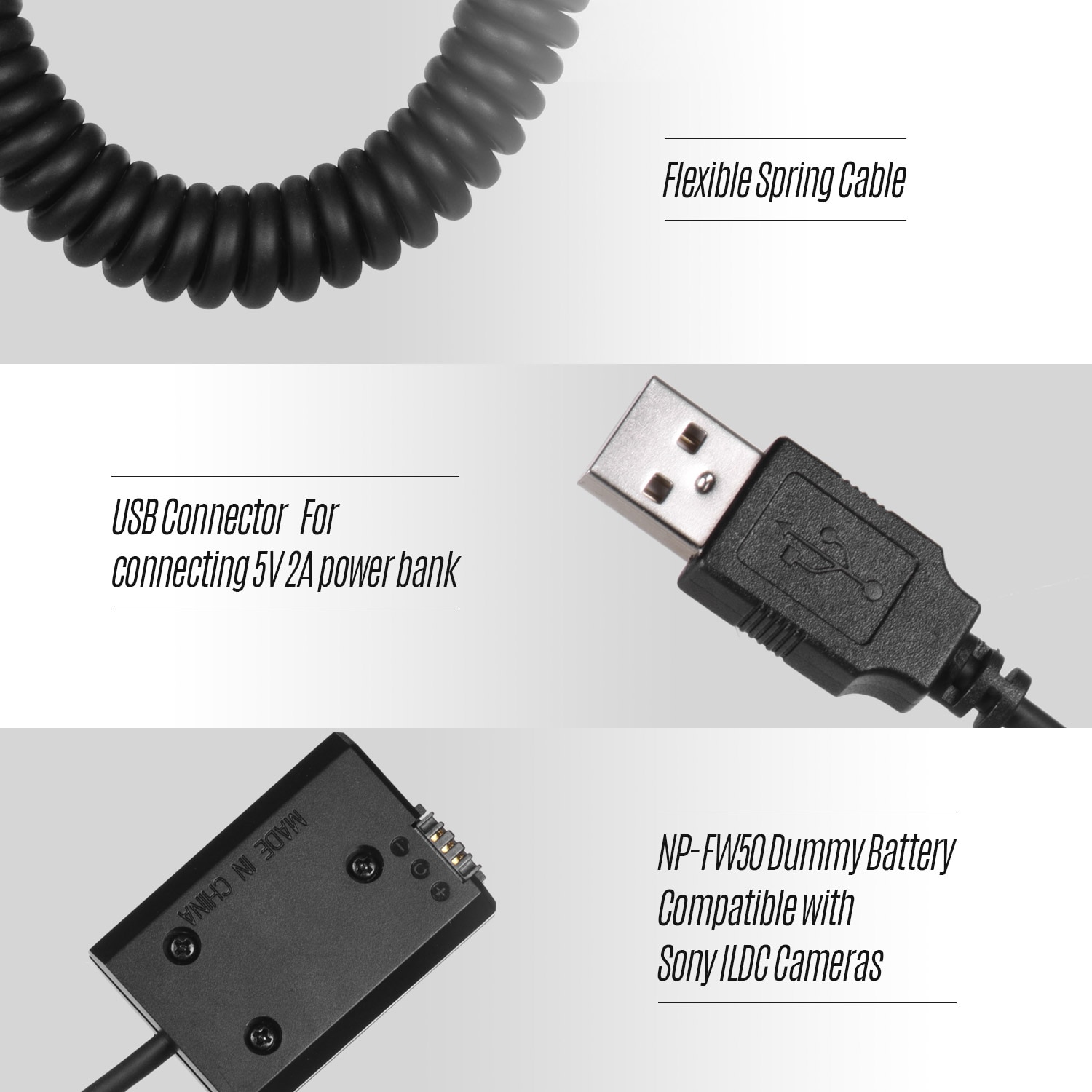 Pour Sony A7 Mark II A7 NEX5 A6000 5V USB NP-FW50 adaptateur de coupleur de batterie factice avec connecteur mâle cc câble enroulé d'alimentation