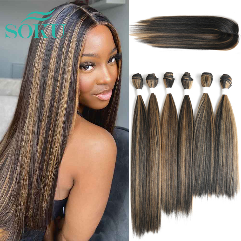 Rechte Synthetisch Haar Weave 6 Bundels Met Kleine Vetersluiting 14-18 Inch Soku Yaki Haar Weeft Bundel Bruin weft Uitbreiding