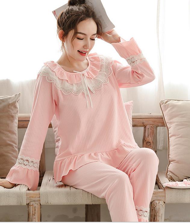 Women Clothes Lace Patchwork Ruffles Shirt+Pants Maternity Two Piece Set Nursing Sleepwear Adjustable Belly Feeding Pajamas Set: Pink / L
