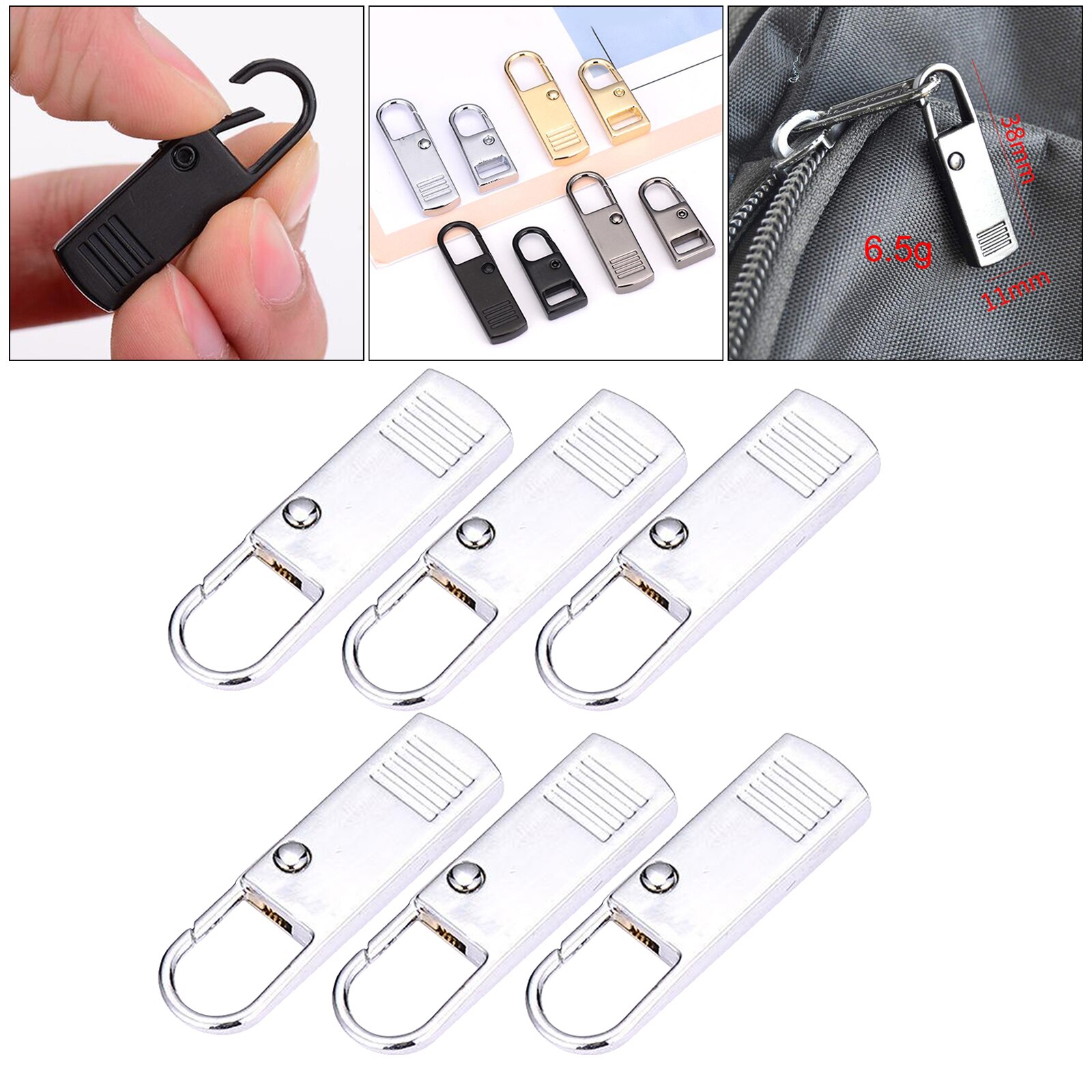6 Pieces Zipper Pull Tab Replacement, Zipper Metal Puller Slider Zipper Extender, Smooth and Polished, Sturdy and Durable