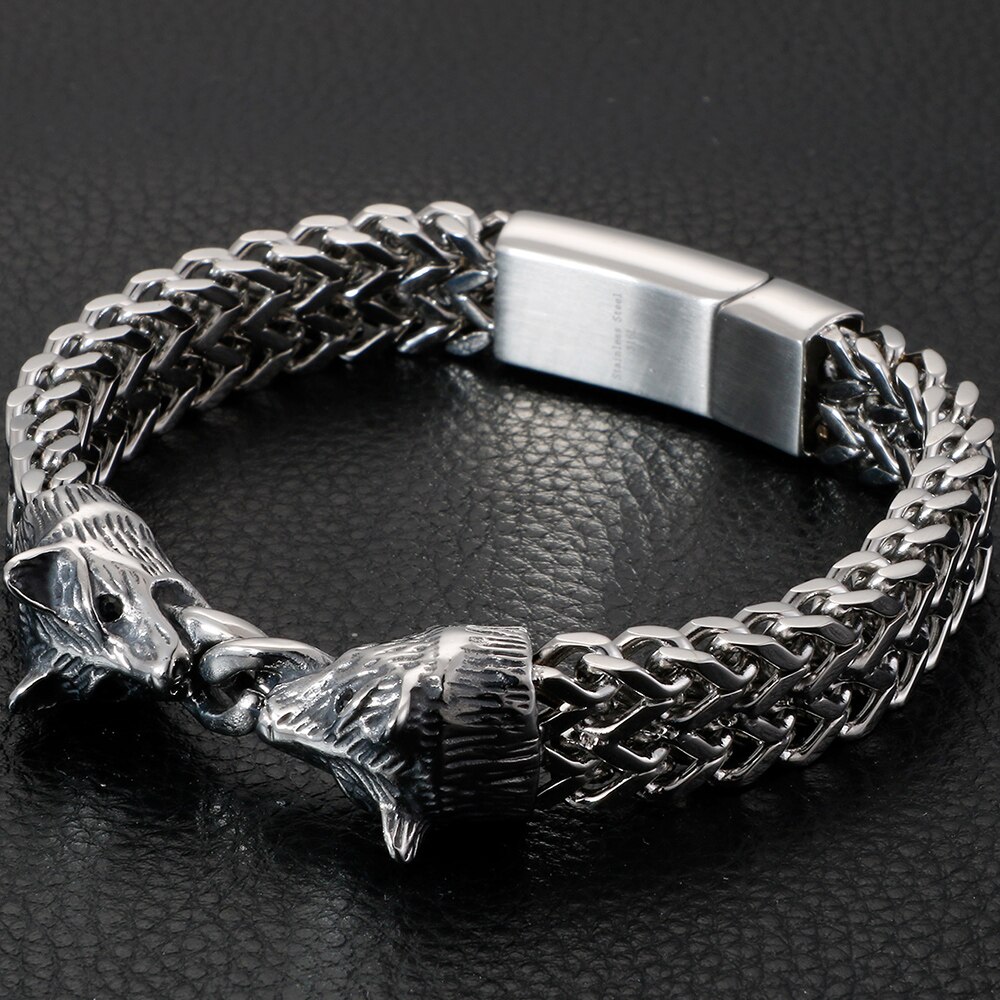 Vikings Biker Jewelry Stainless Steel Double Wolf Head Franco Link Curb Chain Bracelet For Men With Magnet Clasp 12MM Wide 22CM