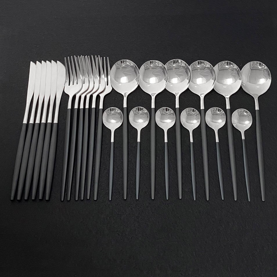 Explosion24Pcs Bunte Geschirr Set Edelstahl Besteck Set Küche Spiegel Gold Geschirr Set Messer Gabel Löffel Geschirr: Black Silver