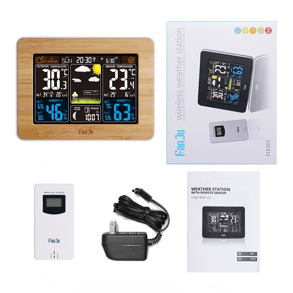 FanJu FJ3365 wewnętrzny/zewnętrzny bezprzewodowy termometr higrometr profesjonalny elektroniczny miernik temperatury i wilgotności stacja pogodowa: Wood  US wtyczka