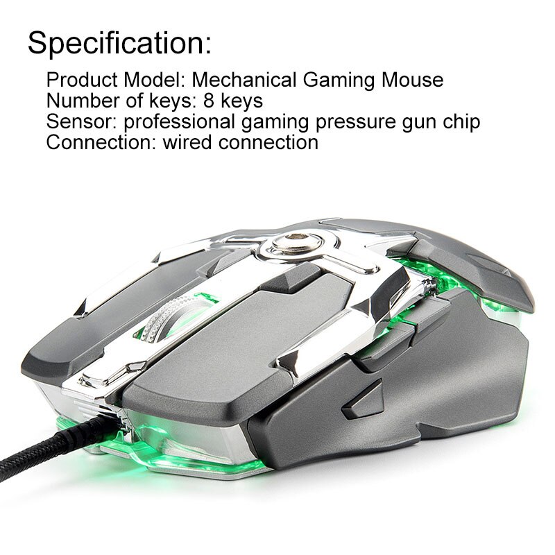 V15 8 knops mechanische gamingmuis met usb-kabel, 6400 dpi rgb-achtergrondverlichting, macro-gamermuis met drukpistool voor laptop