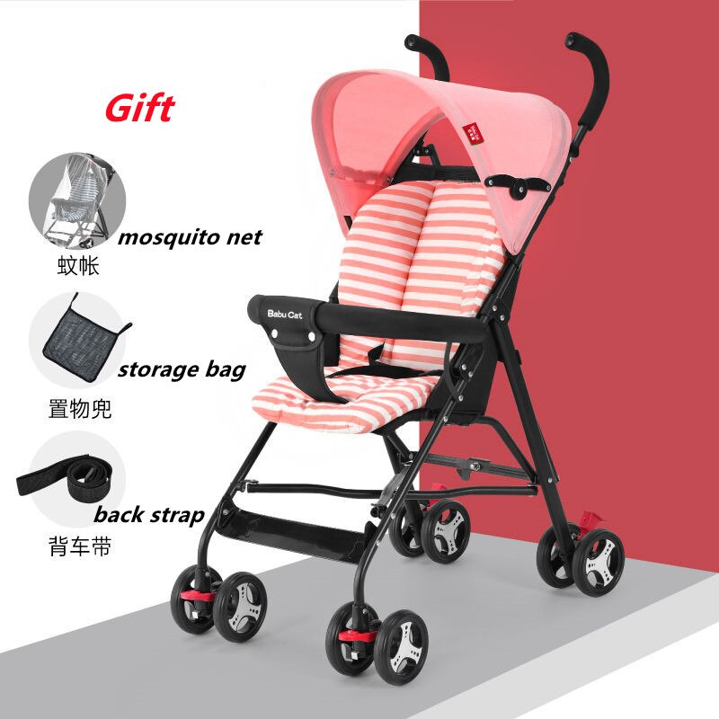 Portable baby stroller can sit foldable lightweight children's stroller simple child stroller umbrella handle: pink with pad