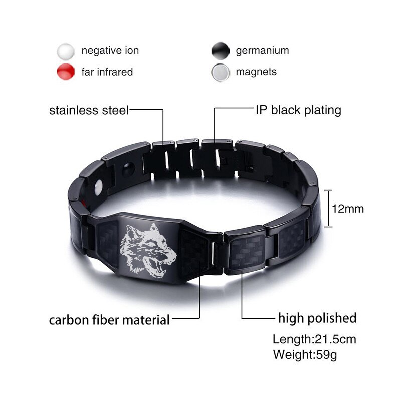 Stylish Wolf Bracelets for Men Black Bio Energy Carbon Fiber Chain Stainless Steel Jewelry