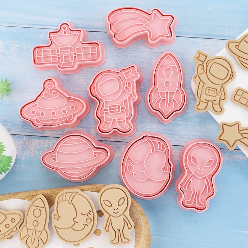 8 st/set kakformar plast 3d främmande ufo form tecknad pressbar kexform kakstämpel kök bakning bakverk bakverk
