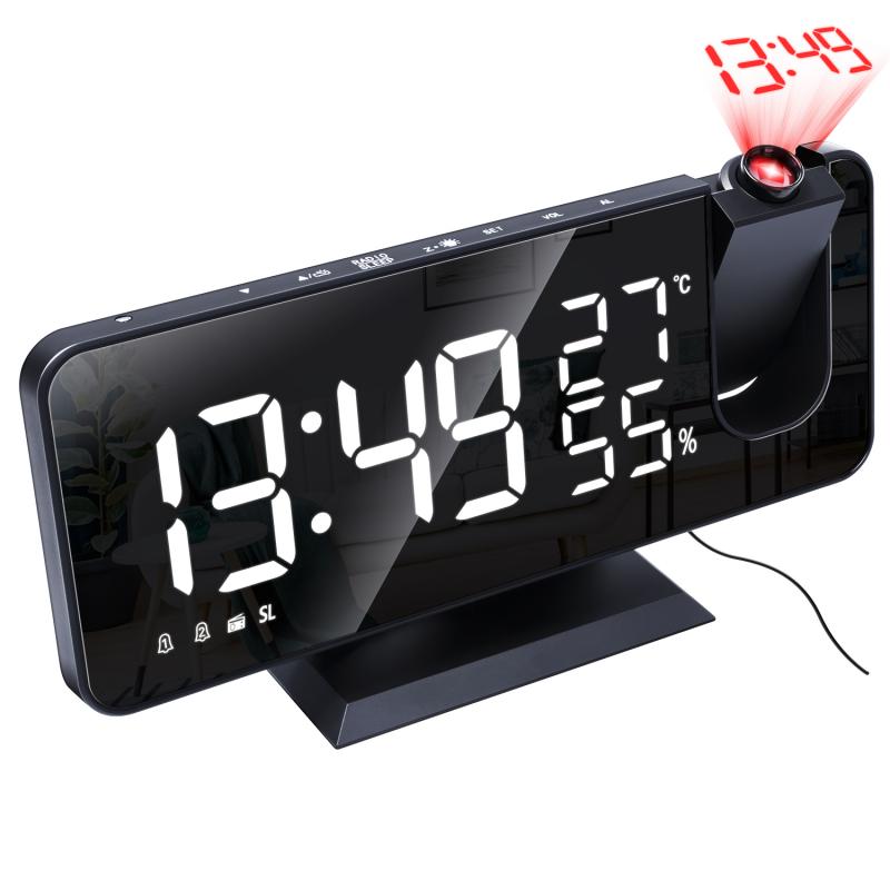 Réveil numérique LED 3 couleurs, Radio-Projection avec miroir de température et d&#39;humidité, horloge multifonctionnelle, affichage de l&#39;heure de chevet: C