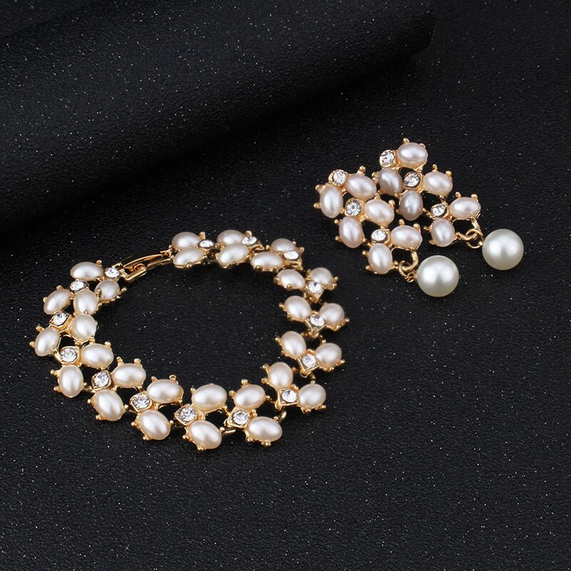 jiayijiaduo Wedding jewelry set Gold-color imitation Pearl Necklace Long earrings Bracelet for Women Parure bijoux femm