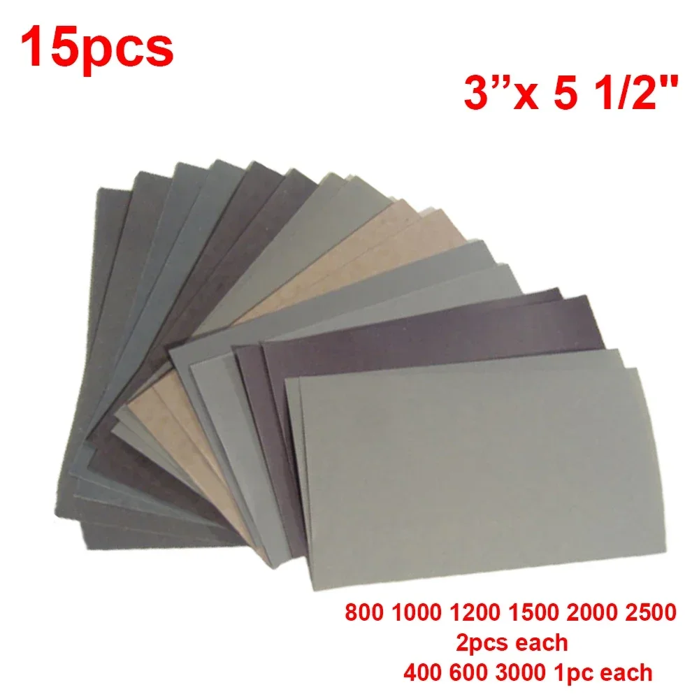 15 stk/sett sandpapir 400 600 3000 800 1000 1200 1500 2000 2500 sandpapir vann/tørt slipepapir slipeverktøy