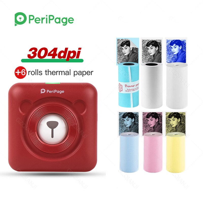 Peripage Rode Draagbare Thermische Bluetooth Printer 203Dpi 2 "Rode Photo Factuur Mini Draadloze Printer Voor Android Ios Mobiele telefoon: Red 304Dpi 6Roll