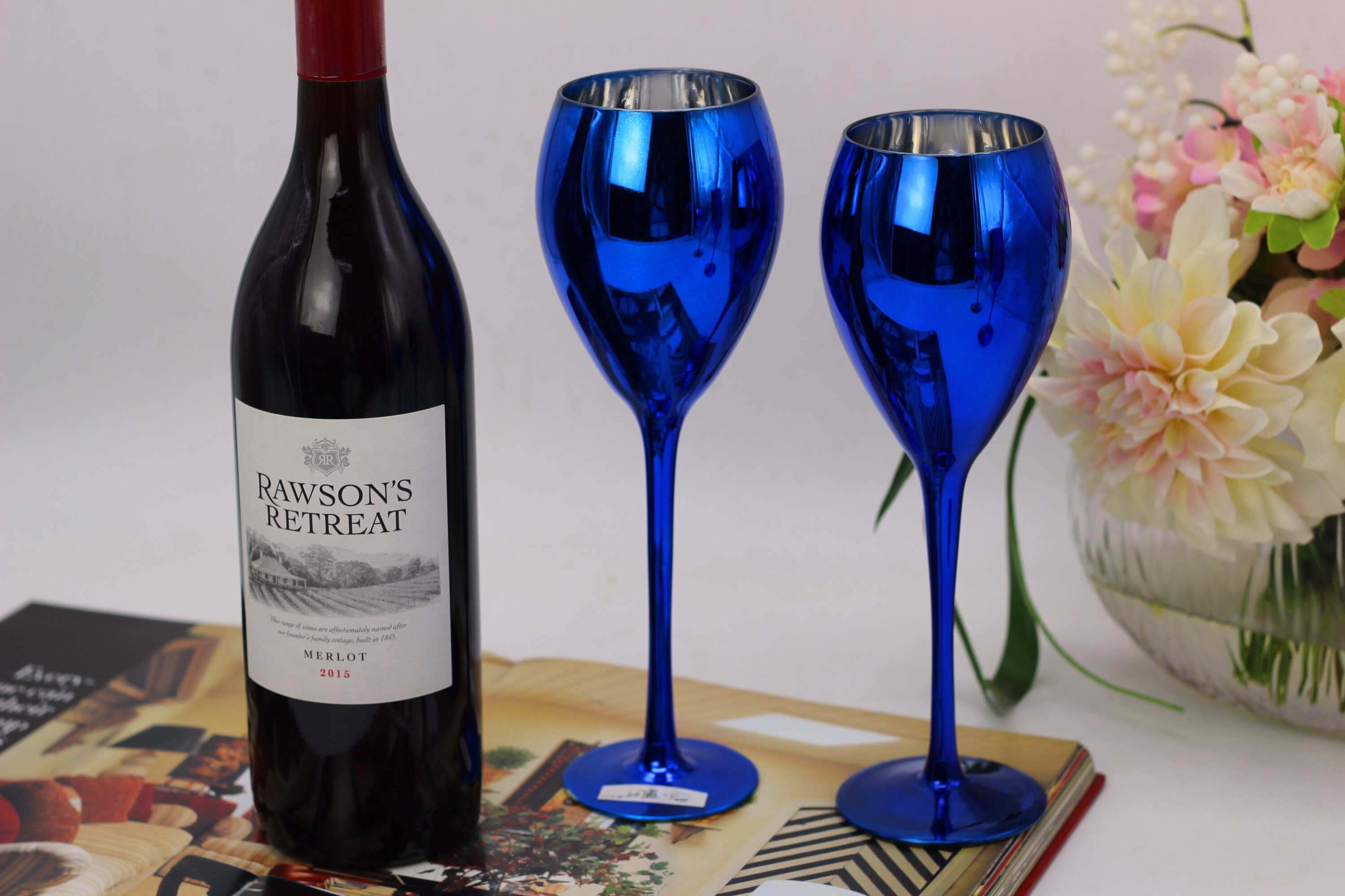 Blå farge plating metall glass beger vin champagne kopp bryllup rom dekor