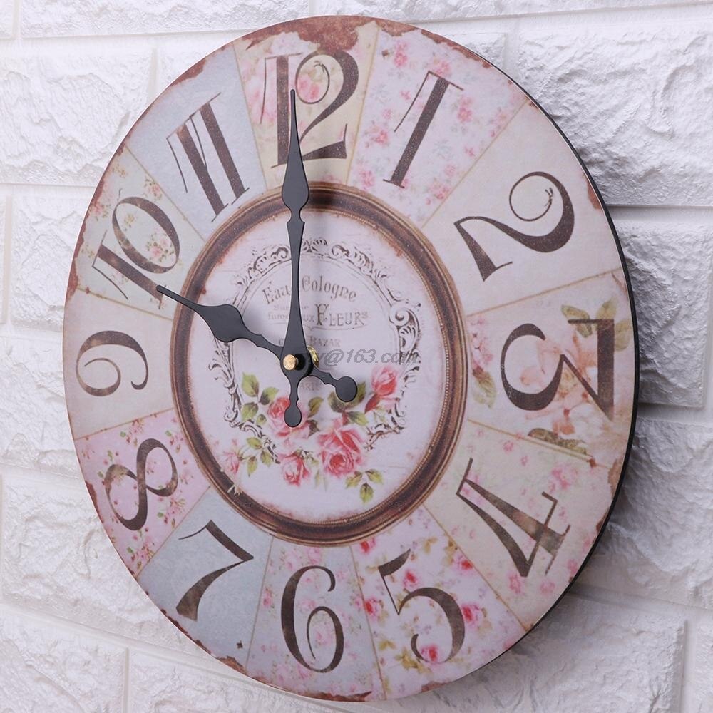 12 tommers fransk årgang stil veggklokke loslitt elegant blomster lappeteppe batteridrevet stille ikke-tikkende digital stille feie hom