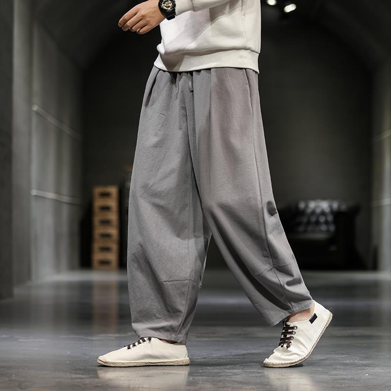Pantalones rectos de Color sólido de estilo chino para primavera y verano, pantalones Haren cómodos con cintura elástica y bolsillos Vintage de algodón y cáñamo