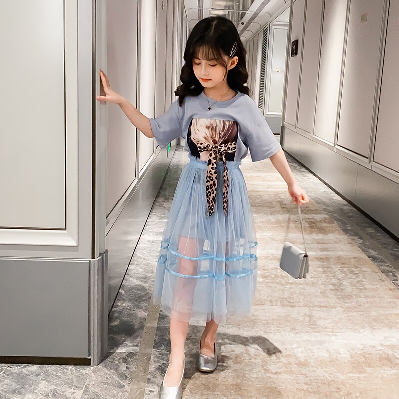 School Clothes Sets For Girls Summer 2Pcs Clothes Set Cotton Tshirt + Mesh Skirt Kids Teenage Outfits 4 6 8 10 12 Years
