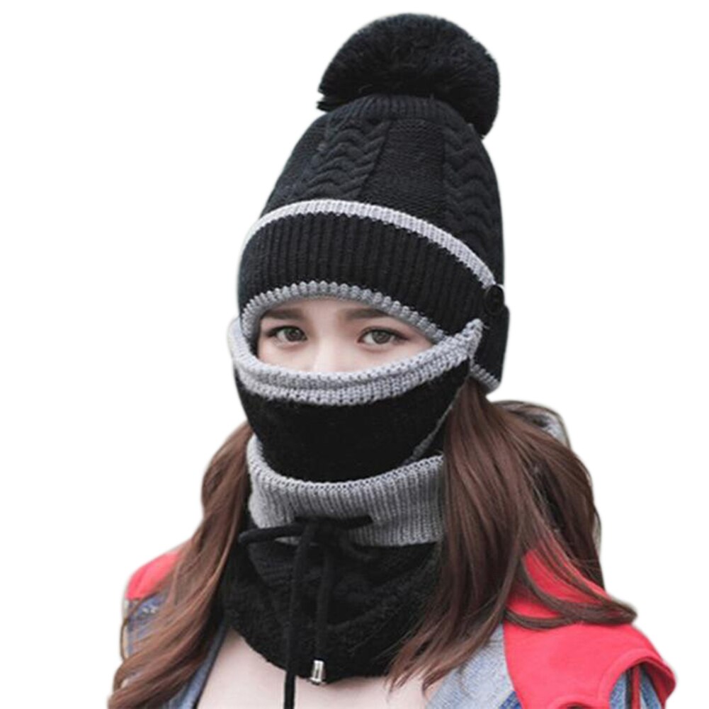 3 pièces femmes hiver écharpe ensemble épais tricoté chapeau écharpe couverture de visage en plein air WHShopping: Black