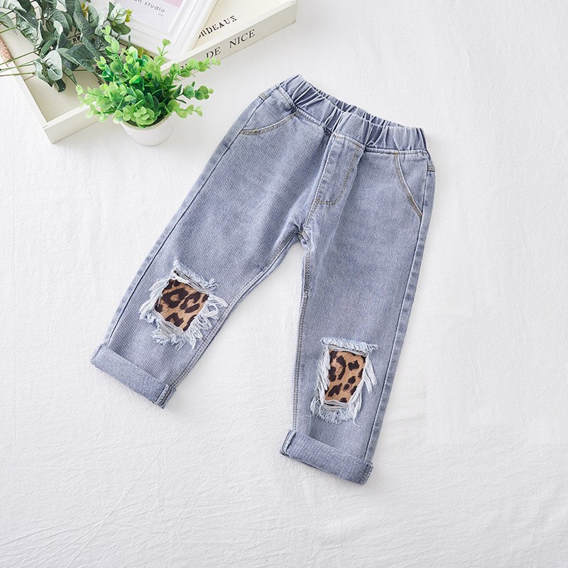 Piger jeans børn leopard mønster jeans forår efterår børn bukser casual bukser baby piger jeans: 4t